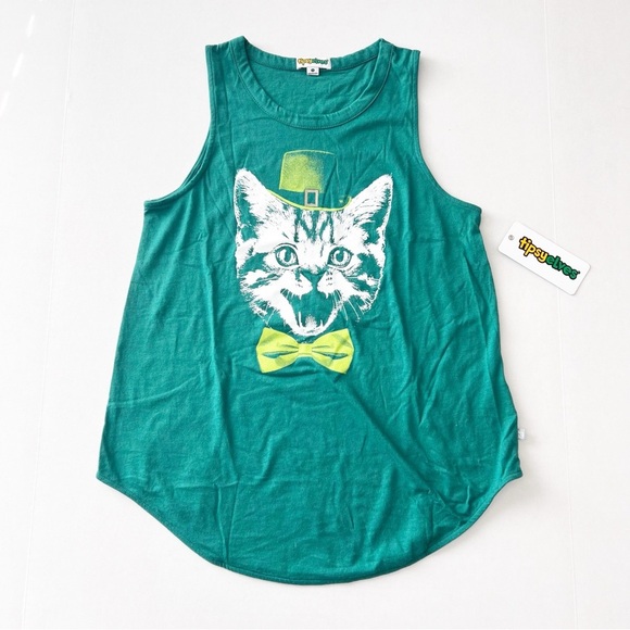 Tipsy Elves St Pattys Day Cat Tank Top Shirt Green NEW - Picture 1 of 4